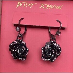 Betsey Johnson Black Rose Drop Earrings Hematite Pink Crystal Leverback NWT Box